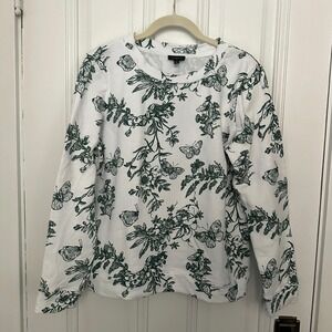 Talbots Botanical Butterfly‎ Print Cotton Top White Green Women's Medium
